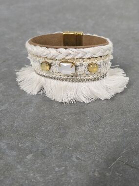 Laura Janelle Boho White Fringe Multi-Row Bracelet Gold Accents 7"